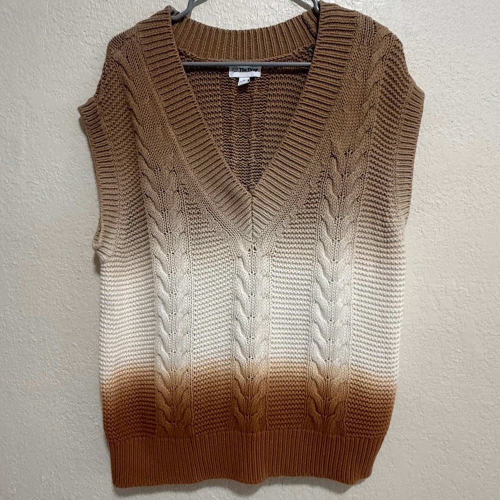 The Drop Brown Ombre Cable Knit‎ Sweater Vest Womens Small 100% Cotton V-Neck